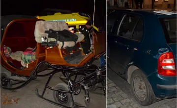 FOTO: Kone sa splašili priamo na námestí, pohonič s povozom vrazil priamo v centre Bardejova do auta