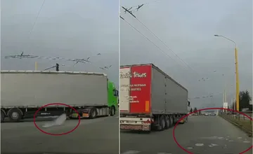 VIDEO: Dramatické zábery z rušnej križovatky v Prešove. Ľad z návesu letel priamo na auto, vyhlo sa len o vlások