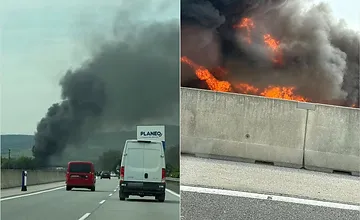 FOTO: Na diaľnici medzi Košicami a Prešovom horel kamión, plamene pohltili celý náves