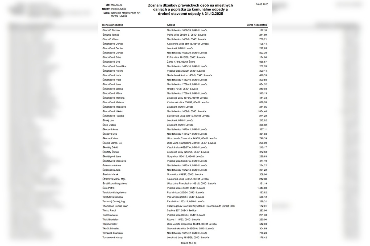 FOTO: Levoča zverejnila dlžníkov. Peniaze dlžia aj firmy, foto 15