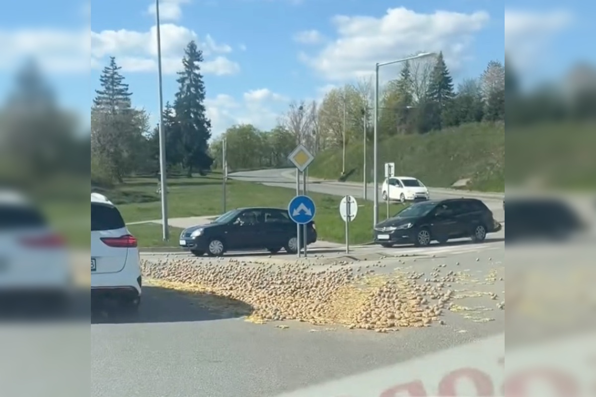 FOTO: Pozor na kruhovom objazde v Sabinove. Na ceste sú zemiaky, foto 2