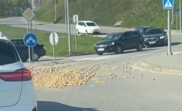 FOTO: Pozor na kruhovom objazde v Sabinove. Na ceste sú zemiaky